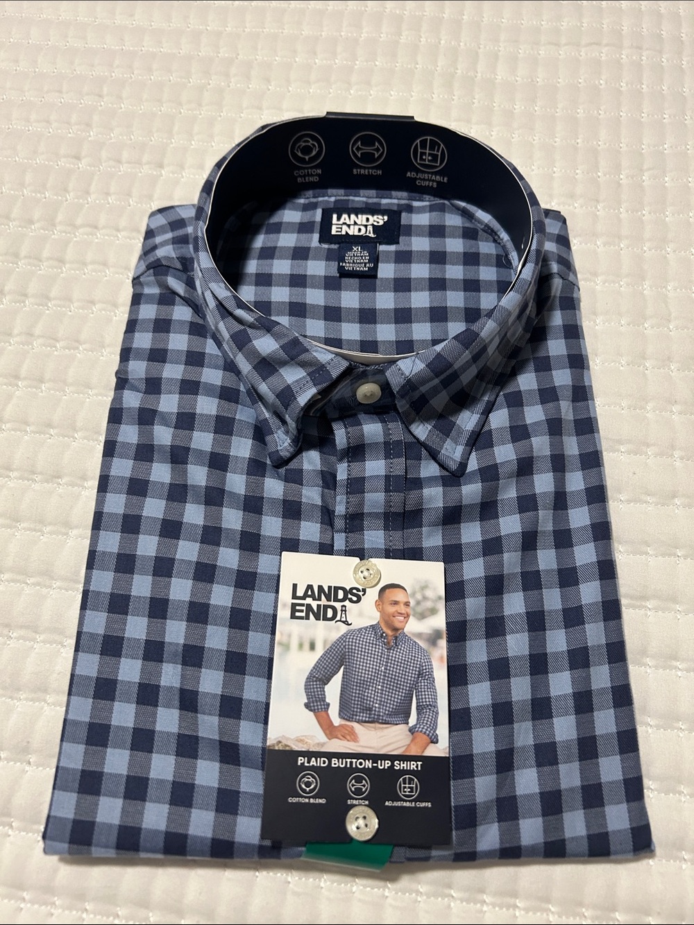 Lands' End Men's Navy and Light Blue Plaid Button-Up Shirt